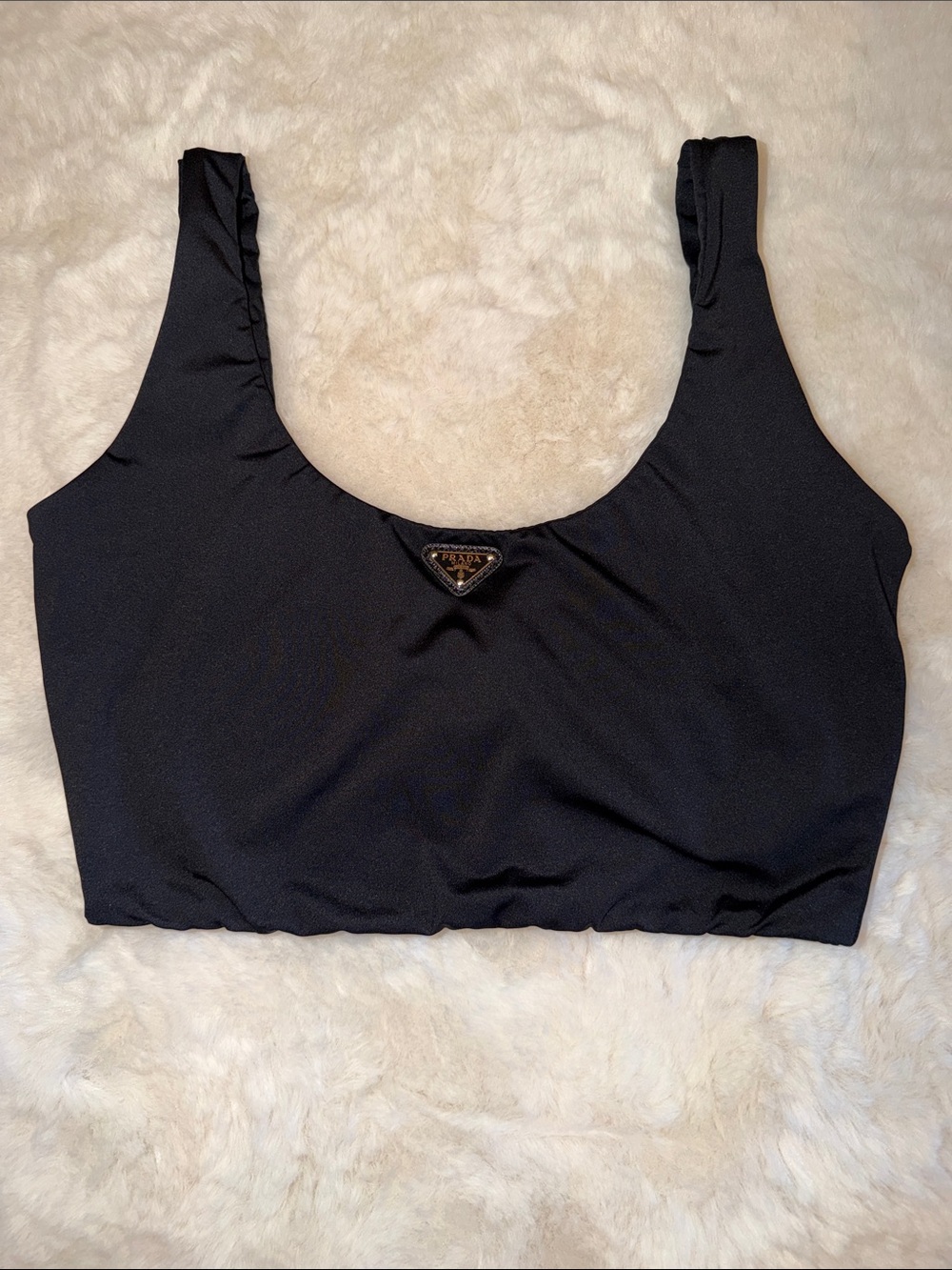 Prada Black Scoop Crop Top with Logo Plaque
